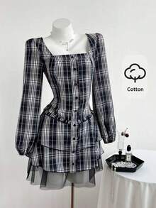 Elamini Women's Plaid Square Collar Lantern Sleeve Button Design Casual Dress - Navy Blue - View 4