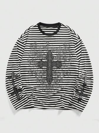 Street Life Herren Lässig Kreuz Muster gestreiftes Rundhals Langarm T-Shirt, Herbst