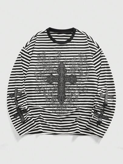 Street Life Men's Casual Cross Print Striped Round Neck Long Sleeve T-Shirt, Autumn