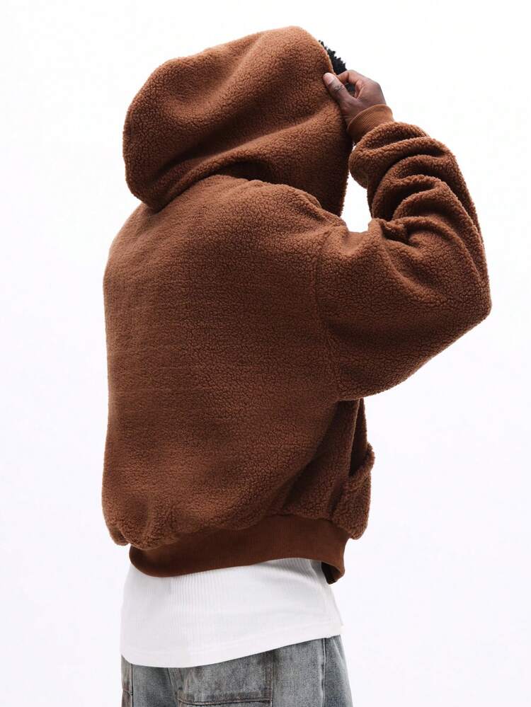 SUMWON Regular Men's Oversized Sherpa Full-Zip Hoodie With Centre Pocket Teddy Bear Fleece Jacket Winter Casual Streetwear Plain