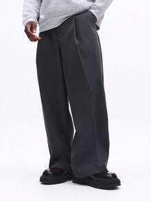 SUMWON 宽腿修身褶裥长裤，侧边口袋，裤脚收口，适合商务休闲和专业办公场合穿着。 - 深灰色 - 查看 5