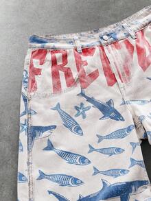 ROMWE MEN Street Life Men's Letter & Fish Print Straight Leg Jeans - Blue - View 3