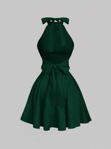 SHEIN MOD Váy ngắn hở lưng màu trơn, xếp nếp, hở lưng dành cho nữ, Váy mùa thu dành cho nữ, Giáng sinh, Váy Giáng sinh, Váy năm mới, Lễ tạ ơn, Váy dự tiệc sang trọng, Váy khách dự tiệc cưới, Váy dạ hội, Váy trang trọng, Váy dạ hội cưới sang trọng - Màu xanh lá cây đậm - Xem 3