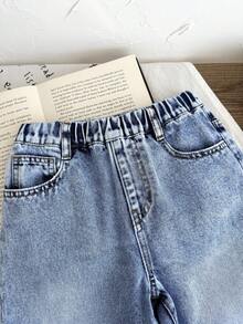 LMoss Kids Young Girl' Bow Trim Loose Fit Blue Denim Pants,Red 3D Bow, Fall Clothes,Winter Clothing , Casual And Fashionable Vacation Outfits,2000s Style  ,Christmas Clothing,Red Bow Denim Pants,Christmas Jeans,Vacation Bow Pants - Light Wash - View 4