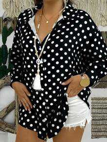 Breezaya 大码女式黑色波点印花宽松休闲舒适长袖衬衫，适合日常穿着、度假、节日、派对等场合。 - 黑色 - 查看 1