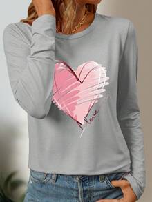 SHEIN 情人节粉色爱心时尚英文休闲舒适外出修身家居时尚秋冬春季休闲外出长袖打底印花T恤女式春季上衣 - 灰色 - 查看 4