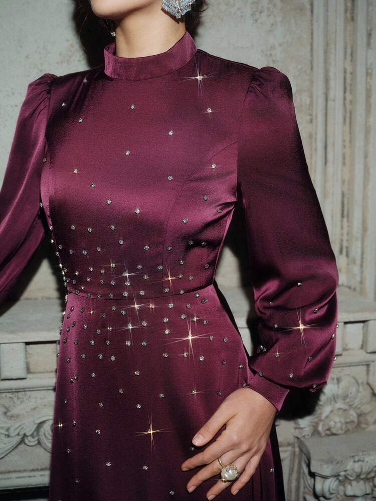 Long Sleeve Rhinestone Embellished Dress, Elegant Mother's Day Gown For Middle Eastern Wedding Guests