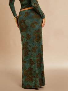 Silquee Váy chữ H cạp cao họa tiết hoa nhung xanh lá cây thời trang thu đông thanh lịch gợi cảm dành cho nữ - màu xanh lá - Xem 2