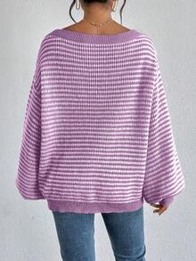 SHEIN VCAY 大码女式露肩横条纹套头毛衣，商务休闲/度假/乡村风上衣 - 紫色 - 查看 8