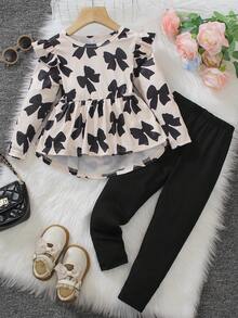 Elladie kids 2件套女童爱心印花荷叶边长袖T恤和打底裤，春秋季 - 彩色 - 查看 3