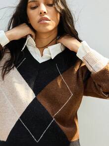 Maija 女士都市几何格纹艺术线条V领宽松休闲柔软蓬松毛衣，优雅百搭，适合感恩节、圣诞节、新年派对、婚礼宾客等场合，休闲时尚基础款外套 - 彩色 - 查看 6