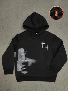 SHEIN Tween Boys' Hoodie Sweatshirt, Fashionable Street Graphic Print Loose And Comfortable Casual Top,Unisex - Black - View 8