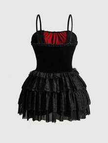 ROMWE Goth 哥特复古蜘蛛网蕾丝面料镂空蕾丝红黑拼接提花下摆加大码连衣裙，哥特复古优雅短款加大码吊带连衣裙 - 黑色 - 查看 2