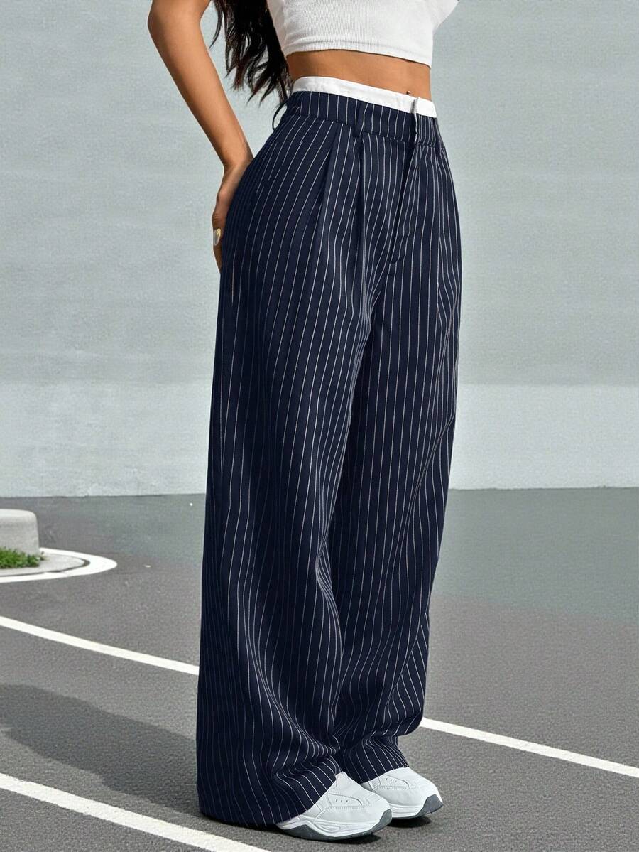 SHEIN EZwear 秋冬季女士褶裥条纹阔腿西装裤，撞色腰带设计