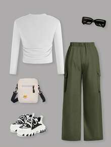 Sparklyn 两件套时尚女童印花上衣和直筒工装裤套装，白色长袖衬衫和裤子，时尚休闲街头风 - 彩色 - 查看 2