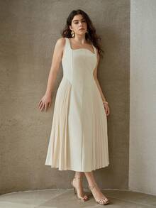 MOTF PREMIUM PLUS ELEGANT ROMANTIC PLEATED U-NECK SLEEVELESS DRESS, SPRING/SUMMER - Beige - View 7