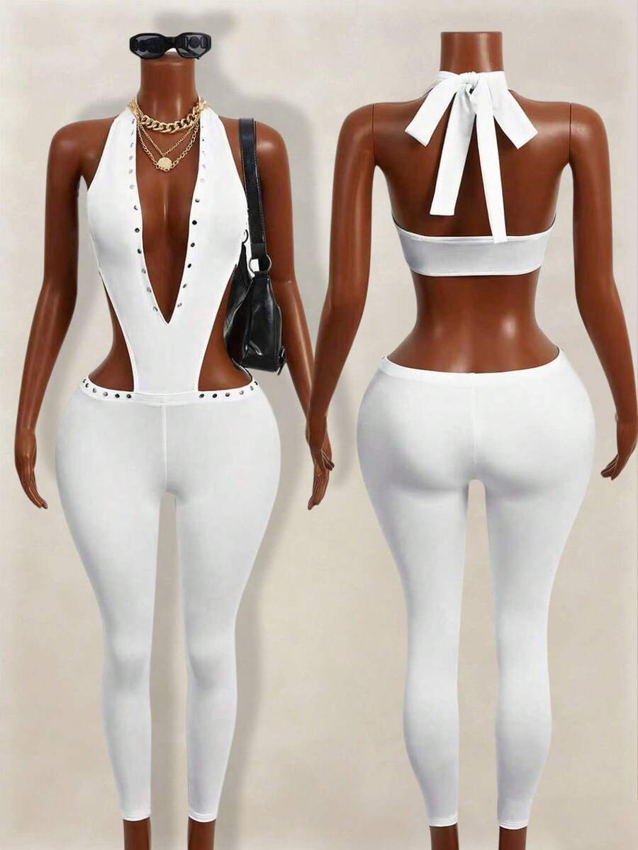 Mistrie Bộ đồ liền thân hở lưng gợi cảm cổ chữ V sâu và quần bó cạp thấp dành cho nữ - trắng - Xem 1