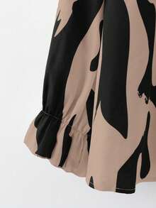 EMERY ROSE Plus Size Khaki Abstract Print V Neck Ruffle Long Sleeve Blouse Woven Fabric Top - Khaki - View 4