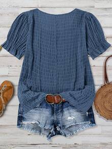 SHEIN VCAY Plus Size Women's Summer Square Neck Short Puff Sleeve Casual Shirt - Blue - View 2