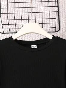 SHEIN 少女优雅通勤短袖罗纹长袖T恤和格子纽扣粗花呢迷你裙套装 - 黑色 - 查看 5