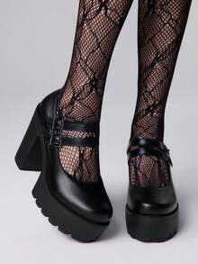 ROMWE 女士时尚优雅百搭厚底高跟鞋 - 黑色 - 查看 1