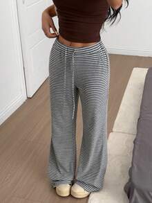 SHEIN EZwear 女士灰色条纹针织阔腿长裤 - 灰色 - 查看 3