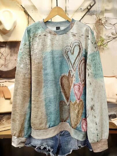 EMERY ROSE 复古爱心图案圆领卫衣，加大码