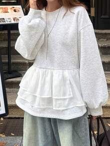 FRIFUL Women's Round Neck Thermal Lined Thick Sweatshirt With Ruffled Mesh Hem, Loose Fit Multi-Layered Cake Hem Casual Pullover - Dark Grey - View 6