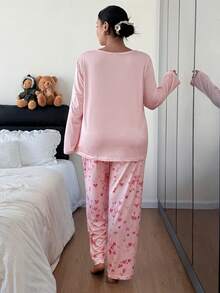 SHEIN Casual Underwear&Sleepwear 大码爱心印花长袖睡衣套装，冬季服装 - 彩色 - 查看 2