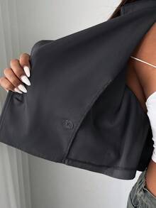 SHEIN EZwear Áo khoác trench coat cổ bẻ cổ điển cỡ lớn, màu xám đậm - Màu xám đen - Xem 7