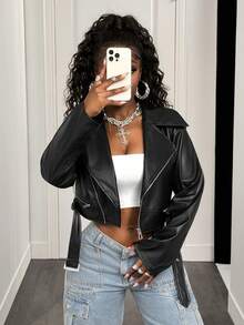 BamGleam 女士纯色翻领短款PU皮机车夹克，新年优雅女装，休闲女装，冬季女装，黑色上衣，黑色 - 黑色 - 查看 4