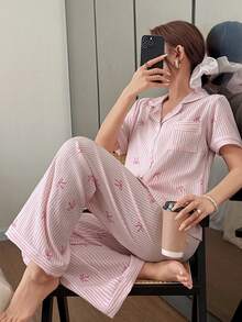 Dream Adore Pink Striped Bow Print Lapel Short Sleeve Women Pajama Set