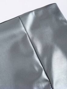 Sweetra 性感低腰时尚PU皮革开衩迷你裙，女士春夏款 - 深灰色 - 查看 3