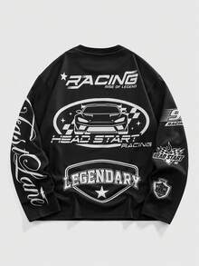 ROMWE MEN Street Life Men's Digital Character & Motorcycle Graphic Long Sleeve T-Shirt And Pants Set - Black and White - View 6