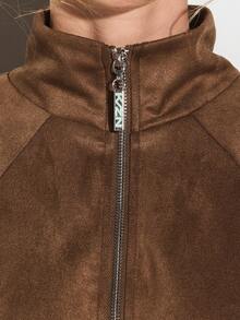 KIZN Women Suede Funnel Neck Zip Up Track Jacket With Elastic Waistband Fall Winter Outerwear - Brown - View 4