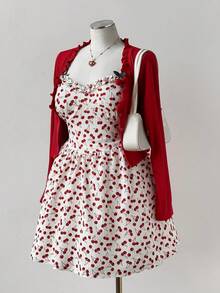 Sweetra 大码女装两件套：樱桃印花连衣裙，复古优雅设计，搭配时尚荷叶边领长袖外套，适合日常穿着、返校季、春季、夏季、秋季、假期、热带风情、优雅、度假、可爱、派对、飘逸、下午茶、早午餐等多种场合，散发优雅的女性魅力。 - 彩色 - 查看 4