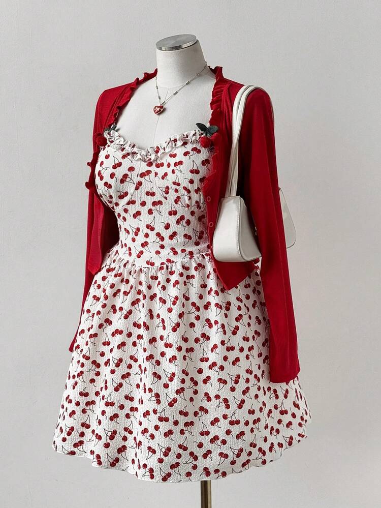 Sweetra 大码女装两件套：樱桃印花连衣裙，复古优雅设计，搭配时尚荷叶边领长袖外套，适合日常穿着、返校季、春季、夏季、秋季、假期、热带风情、优雅、度假、可爱、派对、飘逸、下午茶、早午餐等多种场合，散发优雅的女性魅力。 - 彩色 - 查看 4