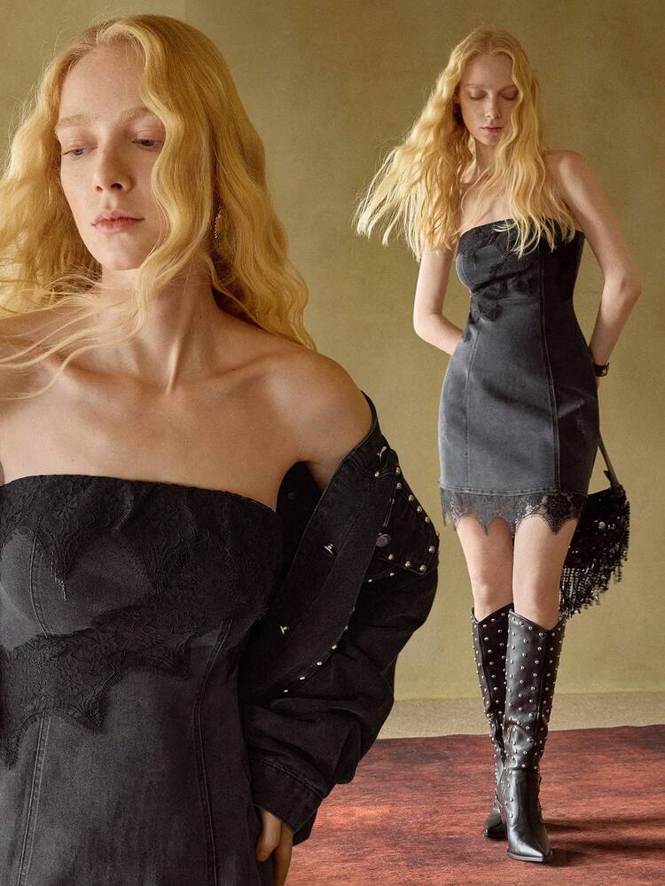 MOTF STUDIO 女士撞色蕾丝牛仔连衣裙，秋冬季 - 深灰色 - 查看 7