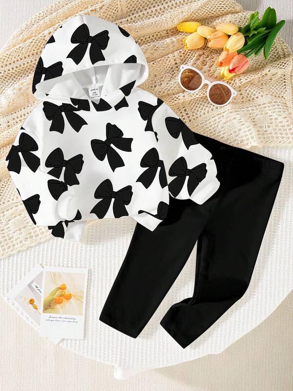 2pcs Baby Girl/Unisex Infant Toddler 0-3Y Casual Bow Print Long Sleeve Hoodie Sweatshirt And Leggings Set, Suitable For Autumn/Winter, Daily, Outdoor, Homewear, Fashion, Versatile