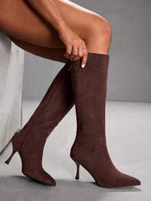 CUCCOO SZL Giày bốt cao đến đầu gối mũi nhọn thời trang nữ - Cà phê nâu - Xem 3