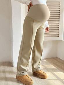 SHEIN 孕妇高弹力保暖休闲直筒高腰裤 - 卡其色 - 查看 5