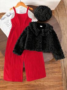 SHEIN Chaqueta con botones y cuello de solapa de manga larga con estampado de corazón de tejido de jacquard acanalado reversible de color café + accesorio de sombrero para niñas pequeñas, combinado con un mono de punto acanalado de 12*4 de color negro, adecuado para uso diario en otoño/invierno, viajes al aire libre, fiestas - Multicolor - Ver 1