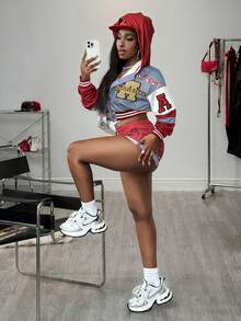 SHEIN BamGlam Áo khoác hoodie hở vai họa tiết gấu hoạt hình và chữ cái thường ngày dành cho nữ - Nhiều màu - Xem 8