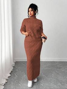Elenzga 大码毛衣和紧身裙两件套，休闲宽松圆领套头衫 - 鏽棕色 - 查看 7