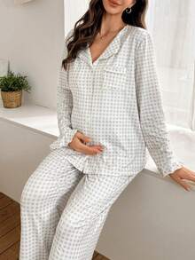 Moonlight&Mama Conjunto de pijama de 2 piezas con pantalón y blusa de manga larga con bolsillo en el pecho, estampado a cuadros, para maternidad, para invierno - Multicolor - Ver 3