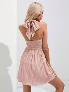 SHEIN VCAY 素色後背繫帶掛脖連衣裙 - 粉色 - 查看 2