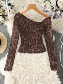 Franclia 女士时尚豹纹网纱露肩长袖上衣 - 棕色 - 查看 2