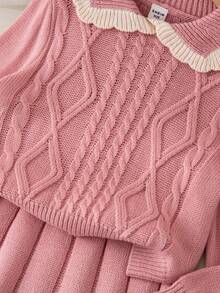 Girls Collared Twist Rope Long Sleeve Sweater Dress Set, Cute & Minimalist Style Girls Sweater Sets Girls Spring Autumn French Style Dress Girl Clothes Autumn And Winter Clothes Girl Clothes Skirt Set Girls Dress Winter Girls Winter Clothes Girls Autumn Clothes Girls French Style Dress - Pink - View 5