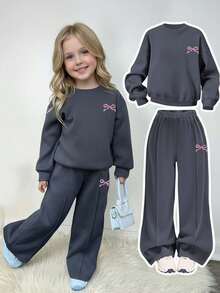 少女蝴蝶结印花圆领长袖卫衣和松紧腰运动裤套装 - 黑色 - 查看 3