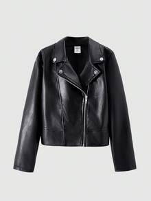 SHEIN ChillGRL Streecool Tween Girl 女童夹克，休闲时尚纯色翻领长袖拉链 PU 机车夹克，常规厚度适合日常休闲、派对、四季度假